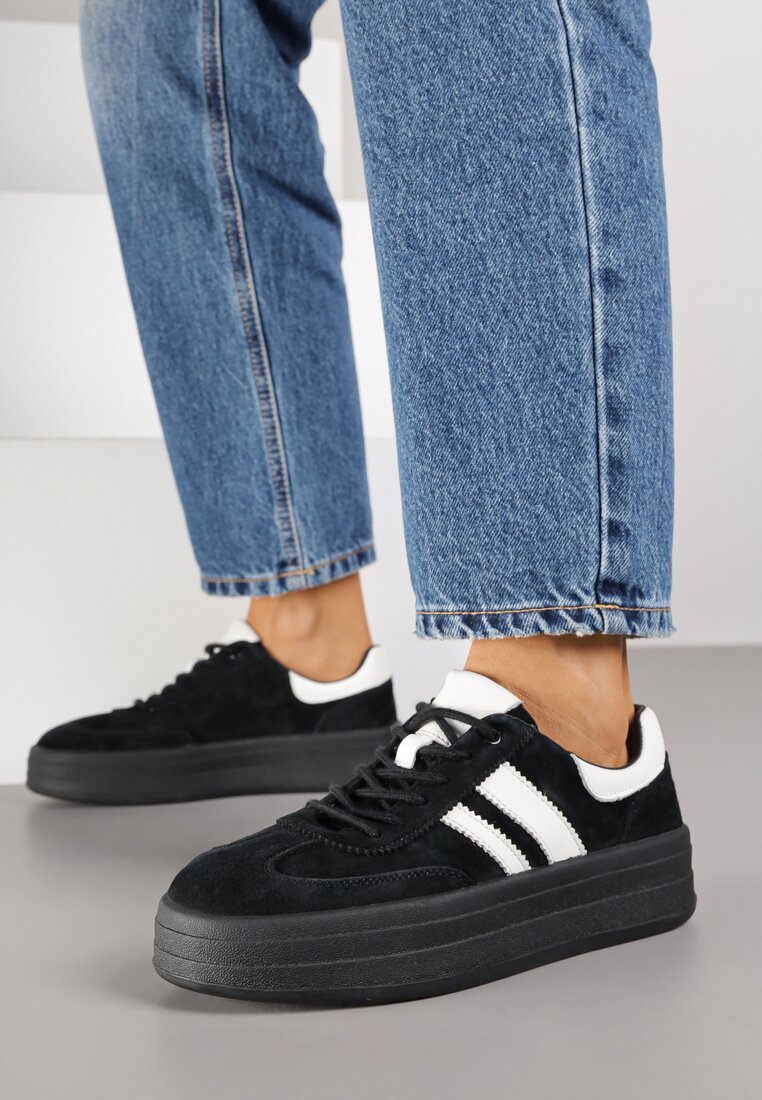 Czarne Zamszowe Sneakersy na Grubej Podeszwie z Paskami i Skórzaną Wkładką Felenne