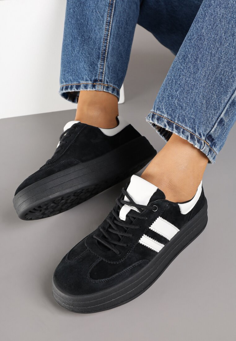 Czarne Zamszowe Sneakersy na Grubej Podeszwie z Paskami i Skórzaną Wkładką Felenne