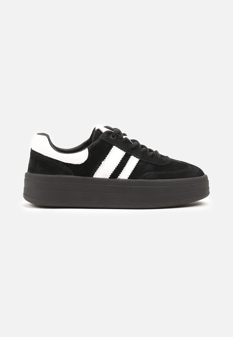 Czarne Zamszowe Sneakersy na Grubej Podeszwie z Paskami i Skórzaną Wkładką Felenne