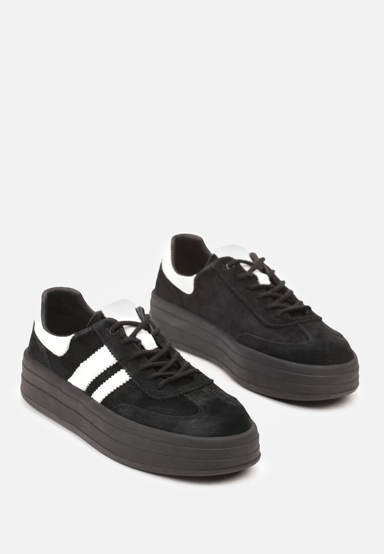 Czarne Zamszowe Sneakersy na Grubej Podeszwie z Paskami i Skórzaną Wkładką Felenne