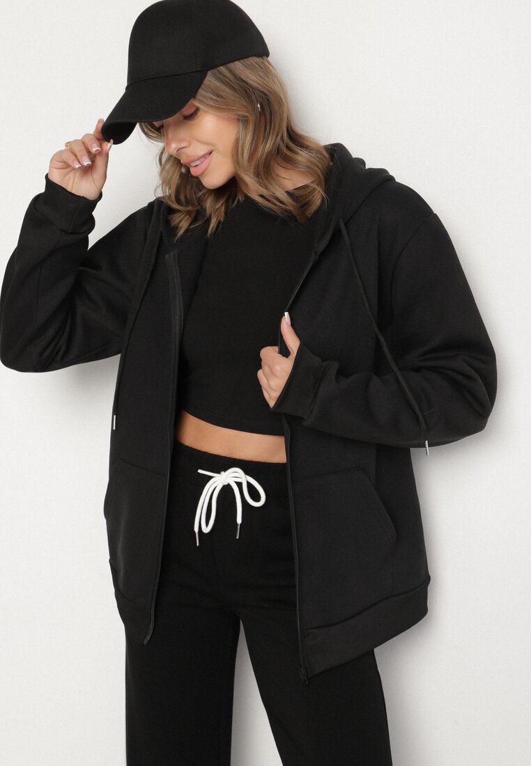 Czarna Rozpinana Bluza z Bawełną i Kapturem Typu Oversize Diosa