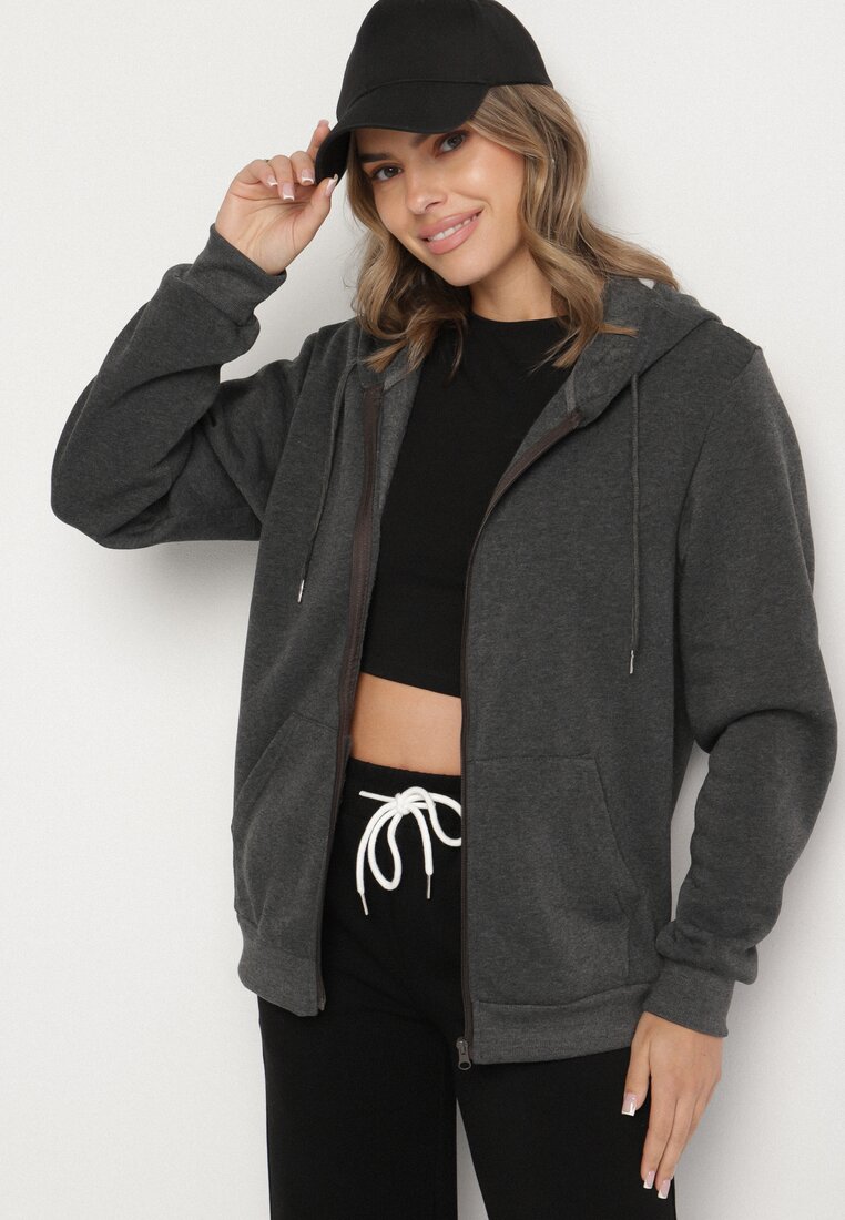 Ciemnoszara Rozpinana Bluza z Bawełną i Kapturem Typu Oversize Diosa