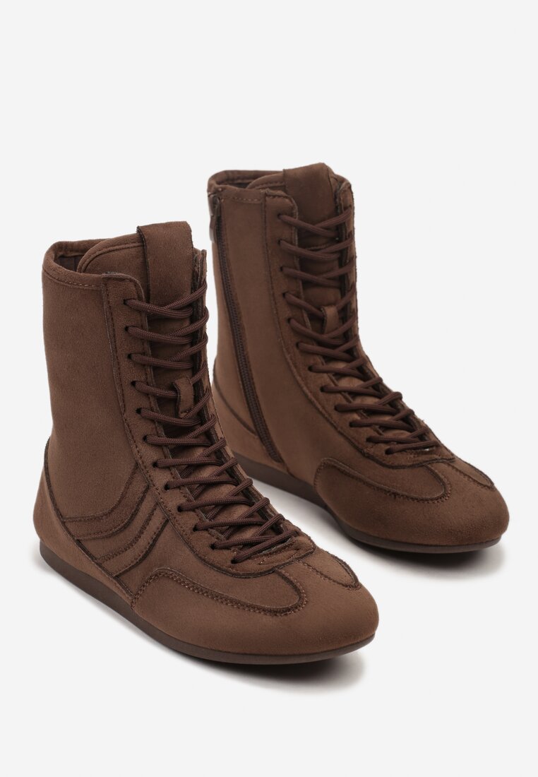 Brązowe Sznurowane Sneakersy w Stylu Bokserskim Havanne