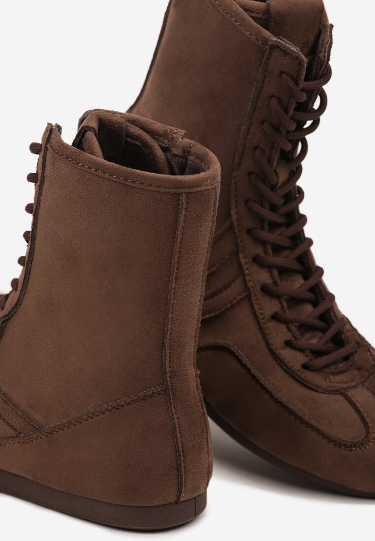 Brązowe Sznurowane Sneakersy w Stylu Bokserskim Havanne