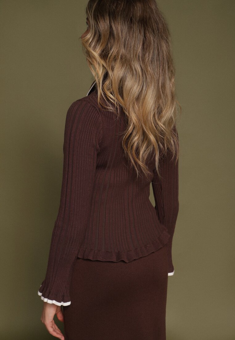 Brązowy Sweter z Wiskozą w Stylu Retro z Kołnierzykiem i Guzikami Sarrise