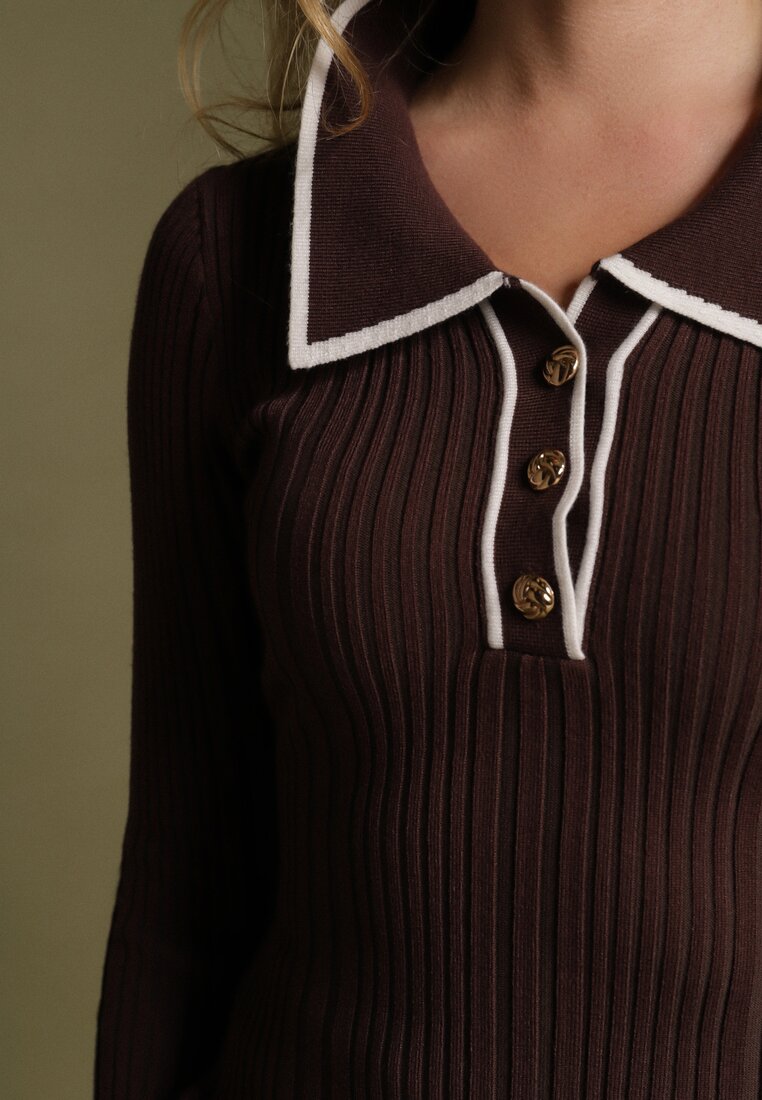 Brązowy Sweter z Wiskozą w Stylu Retro z Kołnierzykiem i Guzikami Sarrise