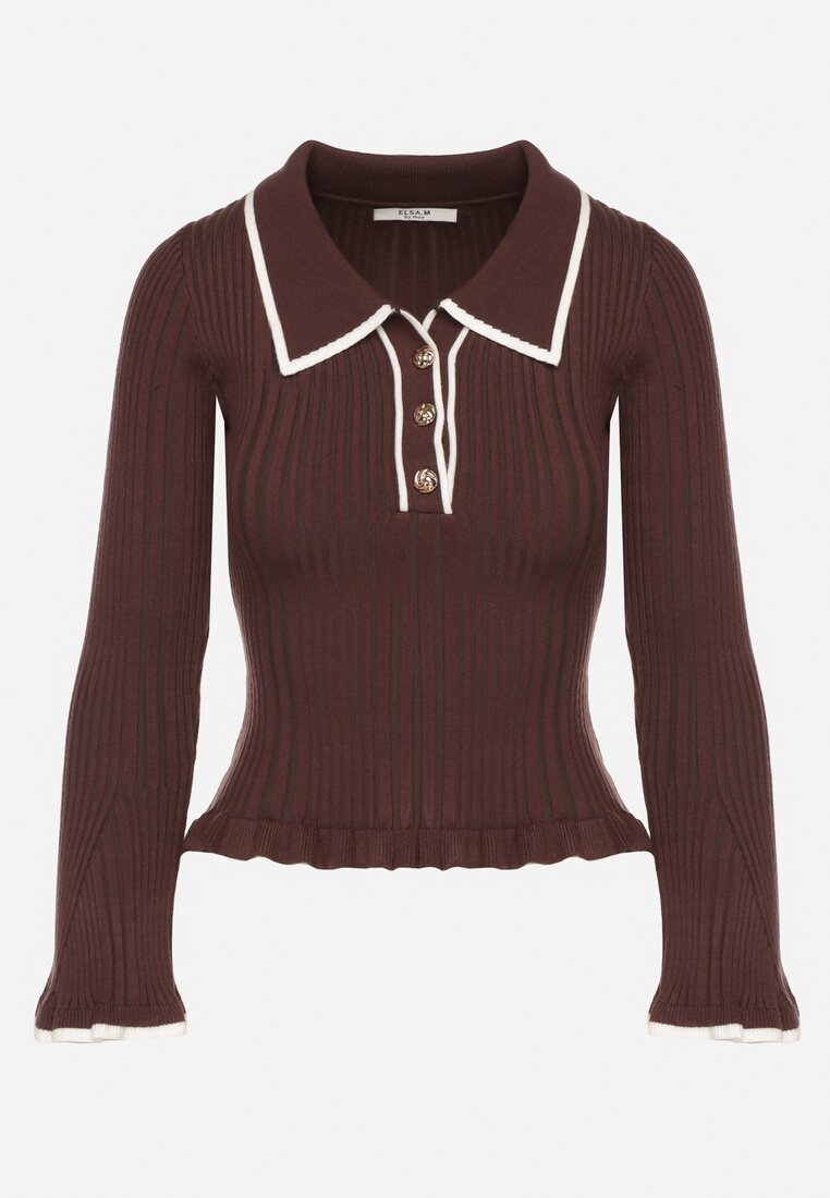 Brązowy Sweter z Wiskozą w Stylu Retro z Kołnierzykiem i Guzikami Sarrise