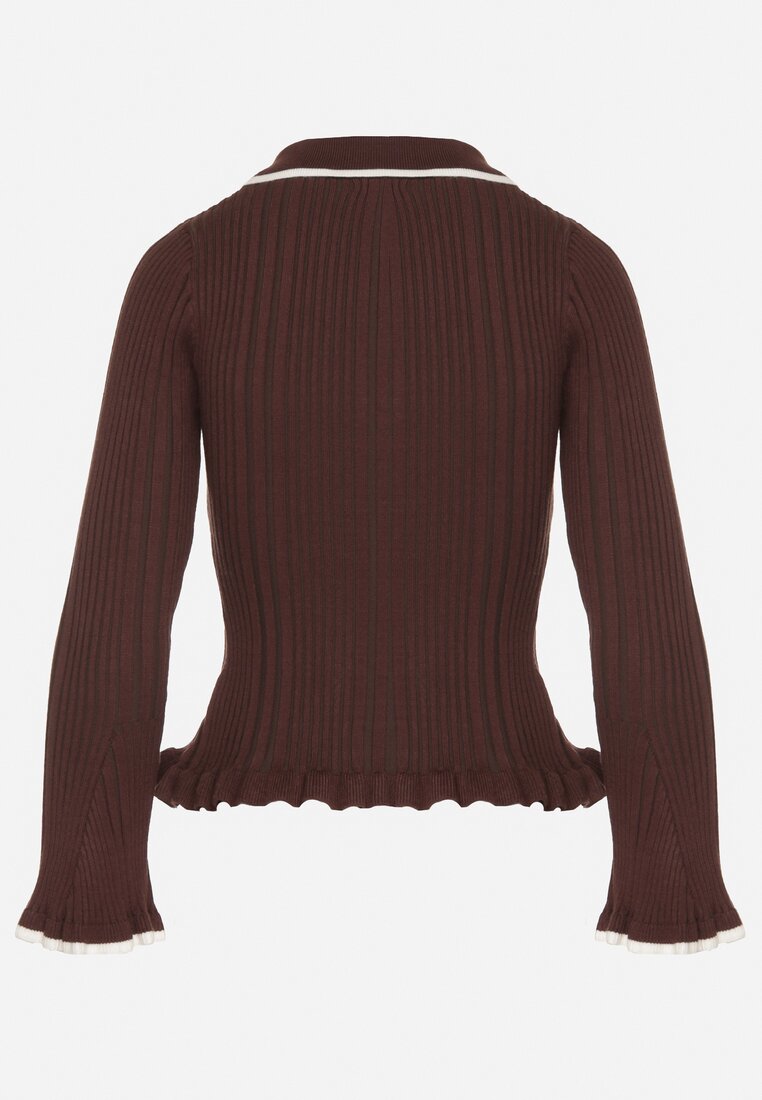 Brązowy Sweter z Wiskozą w Stylu Retro z Kołnierzykiem i Guzikami Sarrise
