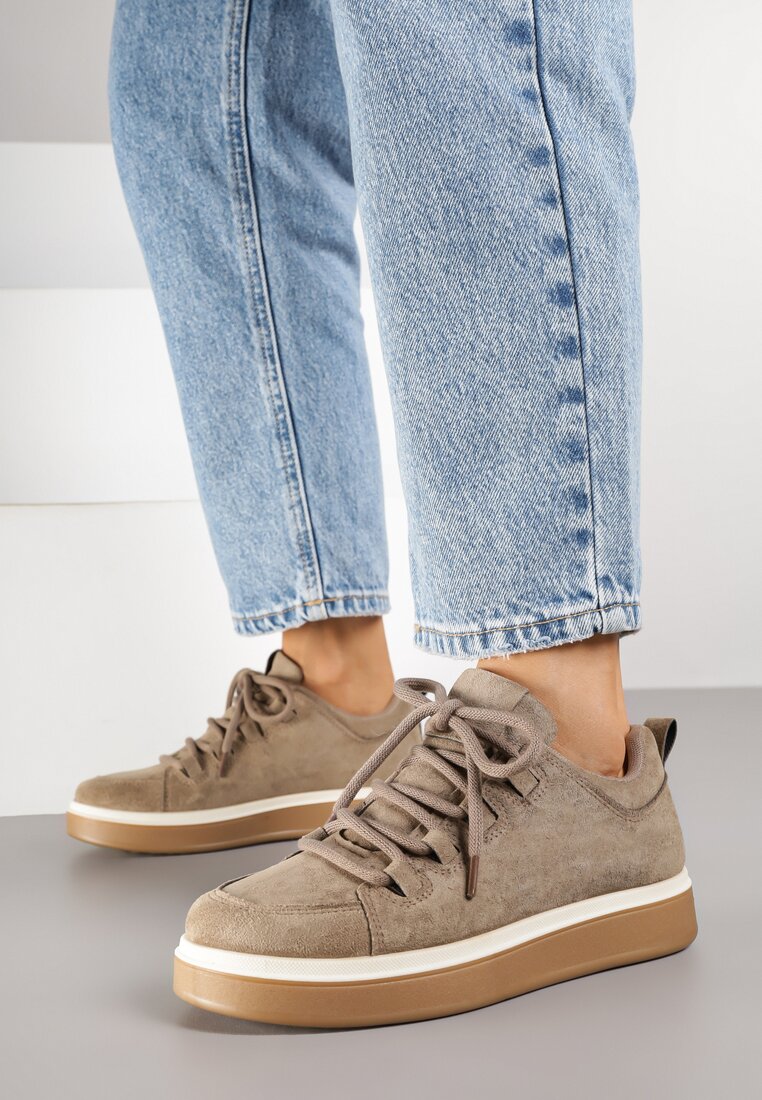 Ciemnobeżowe Sneakersy na Kauczukowej Podeszwie Lurrive