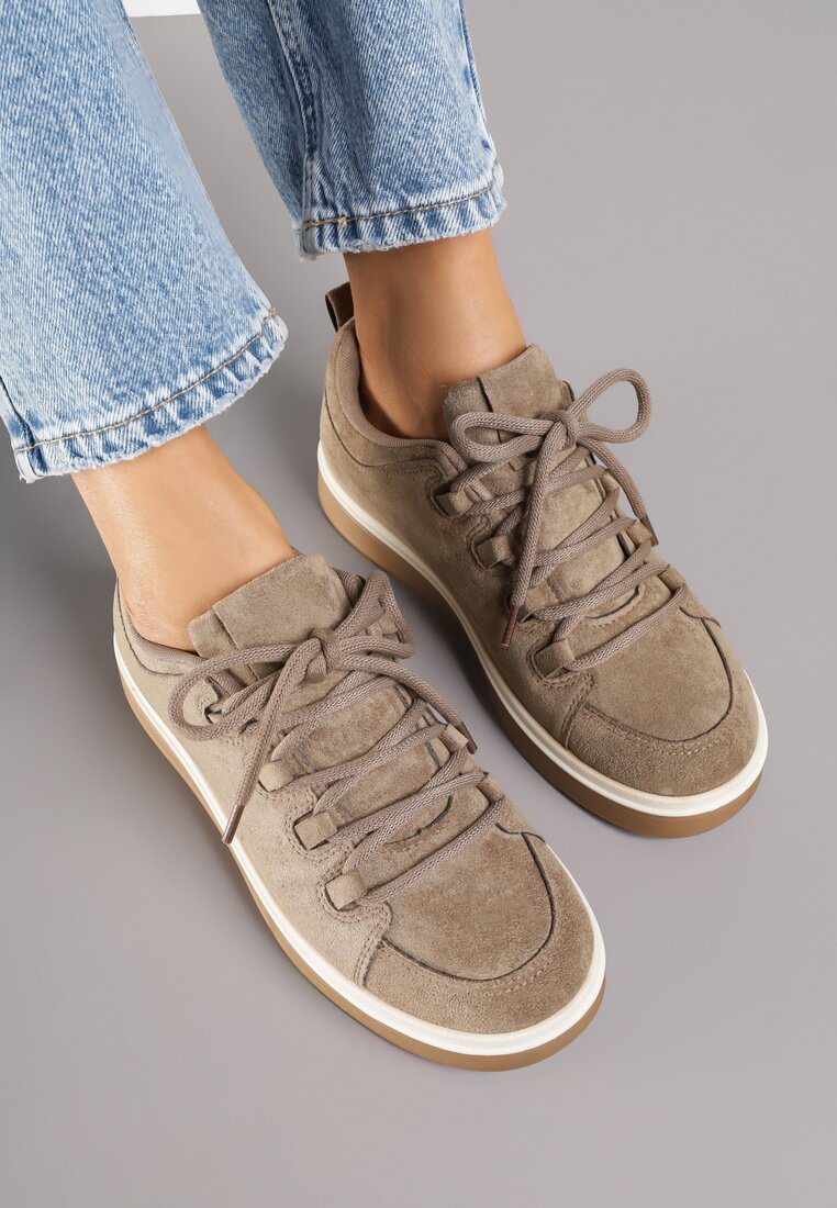 Ciemnobeżowe Sneakersy na Kauczukowej Podeszwie Lurrive