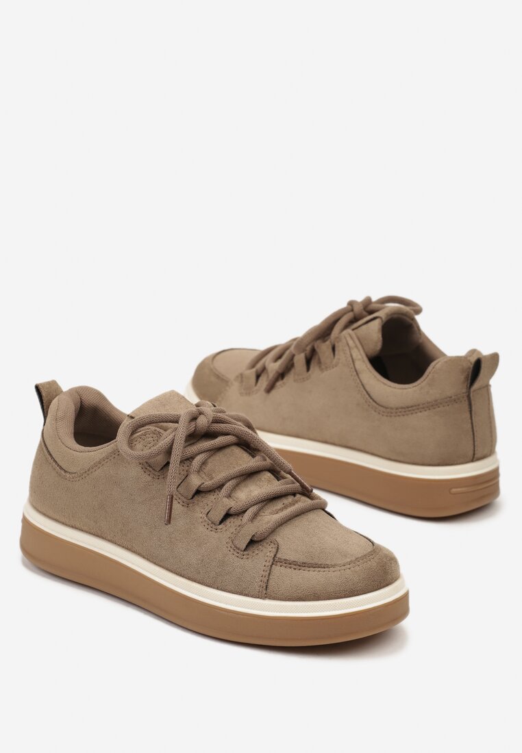 Ciemnobeżowe Sneakersy na Kauczukowej Podeszwie Lurrive