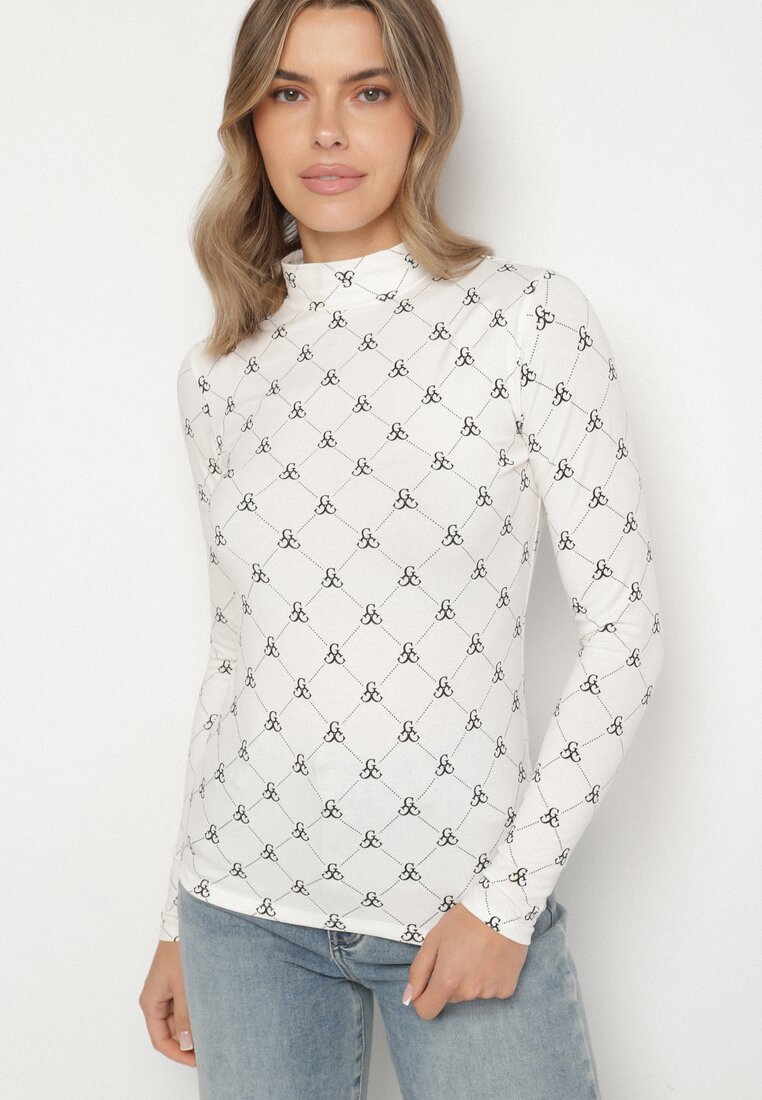 Biała Bawełniana Bluzka z Półgolfem Typu Longsleeve z Geometrycznym Wzorem Tilianna