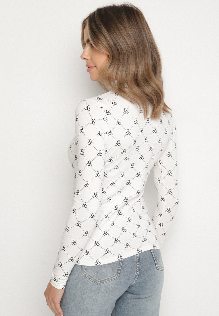 Biała Bawełniana Bluzka z Półgolfem Typu Longsleeve z Geometrycznym Wzorem Tilianna