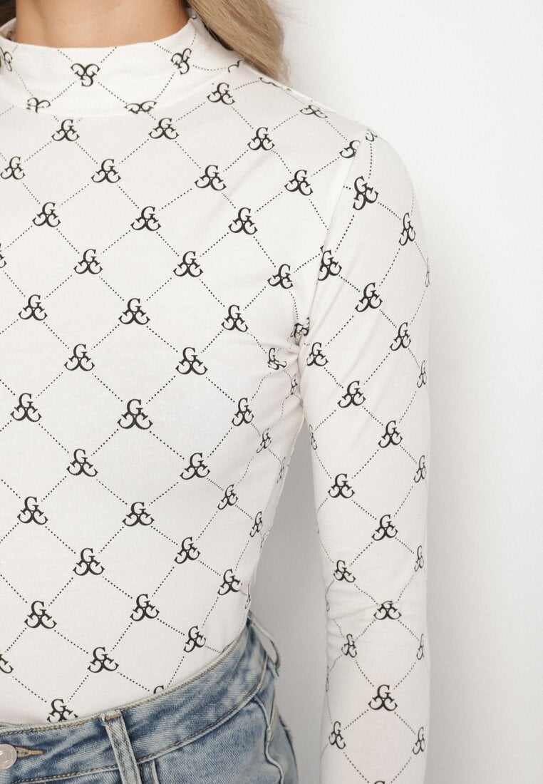 Biała Bawełniana Bluzka z Półgolfem Typu Longsleeve z Geometrycznym Wzorem Tilianna