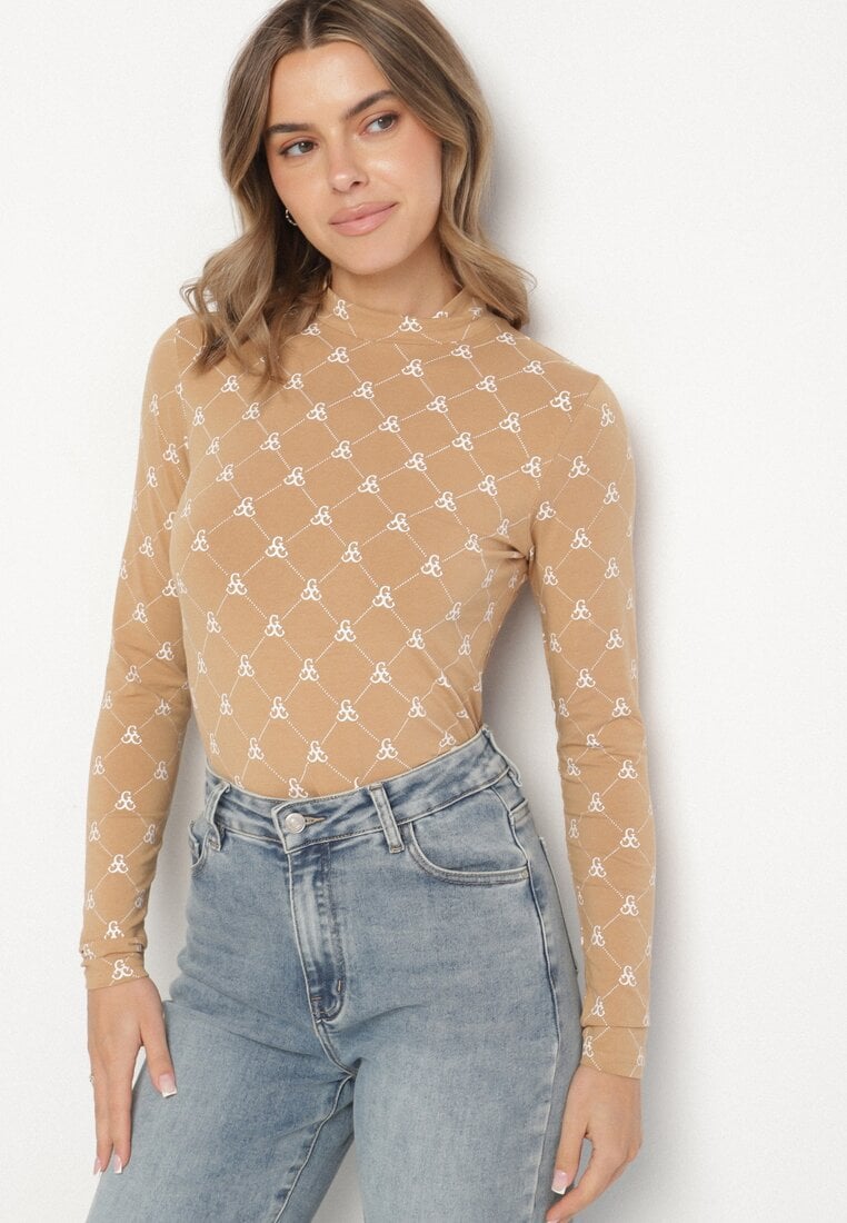 Beżowa Bawełniana Bluzka z Półgolfem Typu Longsleeve z Geometrycznym Wzorem Tilianna