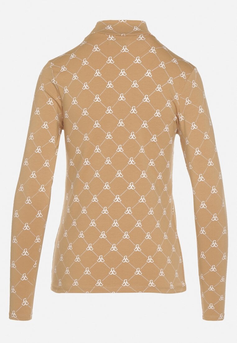Beżowa Bawełniana Bluzka z Półgolfem Typu Longsleeve z Geometrycznym Wzorem Tilianna