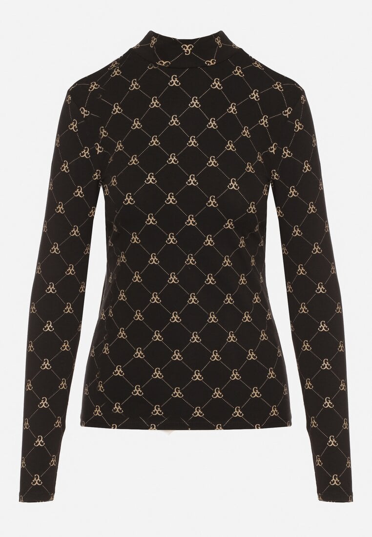 Czarna Bawełniana Bluzka z Półgolfem Typu Longsleeve z Geometrycznym Wzorem Tilianna