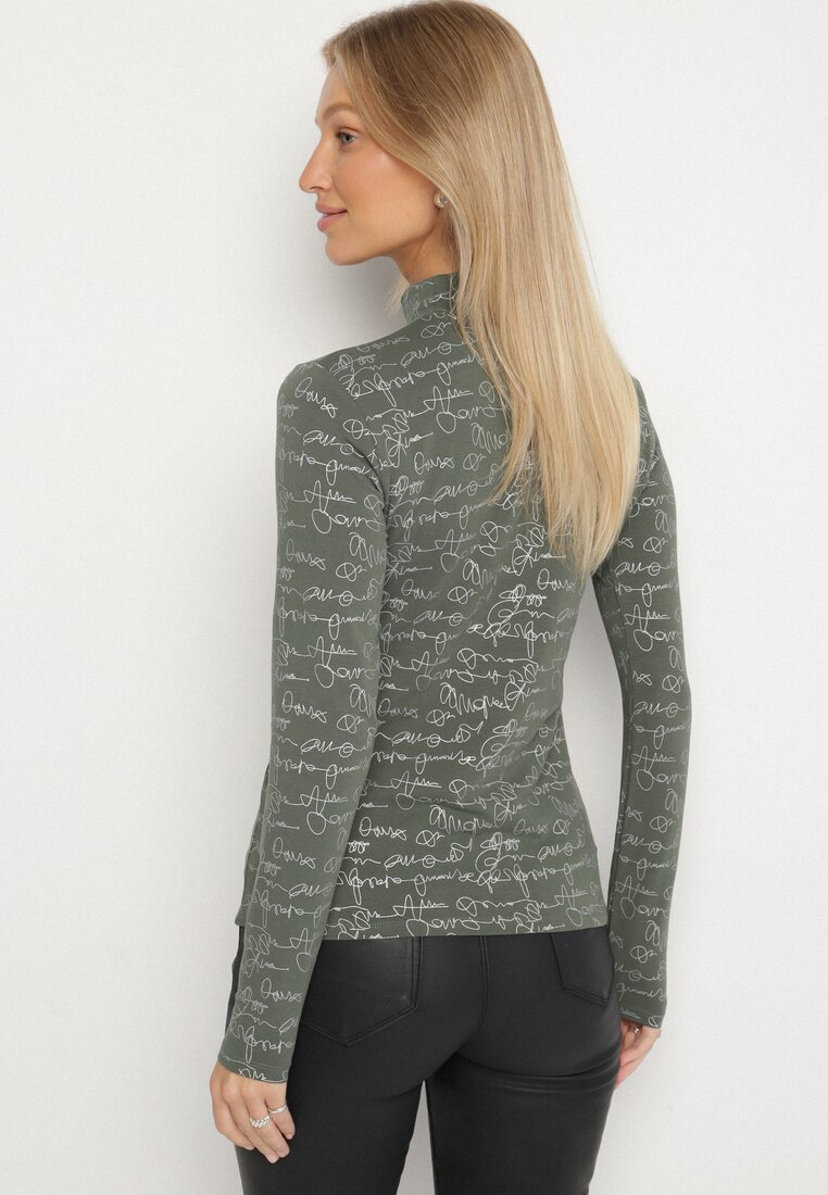 Zielona Bluzka z Bawełny w Stylu Longsleeve z Półgolfem w Literowy Nadruk Azelenia