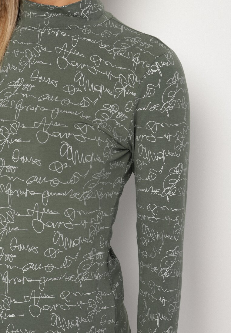 Zielona Bluzka z Bawełny w Stylu Longsleeve z Półgolfem w Literowy Nadruk Azelenia