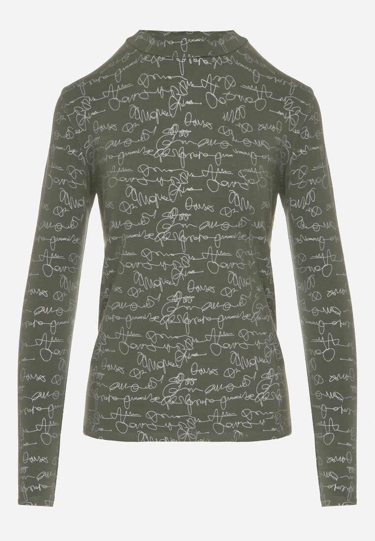Zielona Bluzka z Bawełny w Stylu Longsleeve z Półgolfem w Literowy Nadruk Azelenia