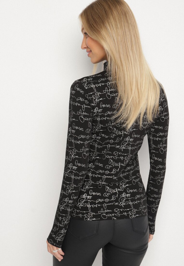 Czarna Bluzka z Bawełny w Stylu Longsleeve z Półgolfem w Literowy Nadruk Azelenia