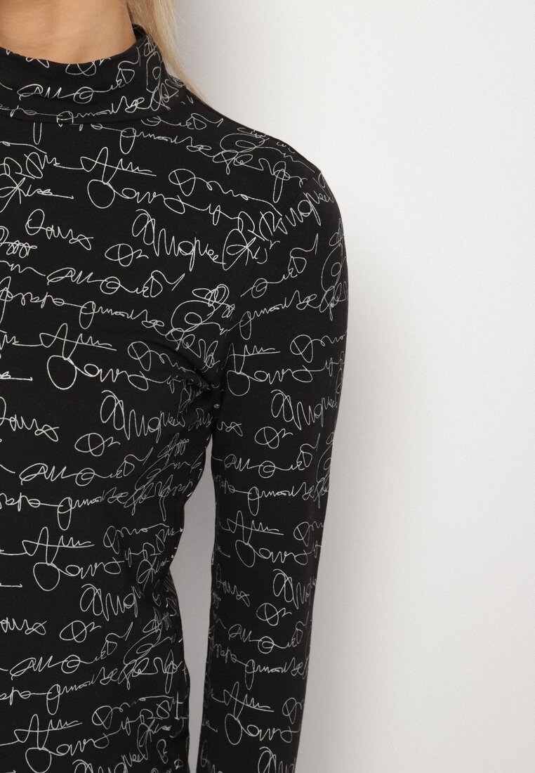Czarna Bluzka z Bawełny w Stylu Longsleeve z Półgolfem w Literowy Nadruk Azelenia