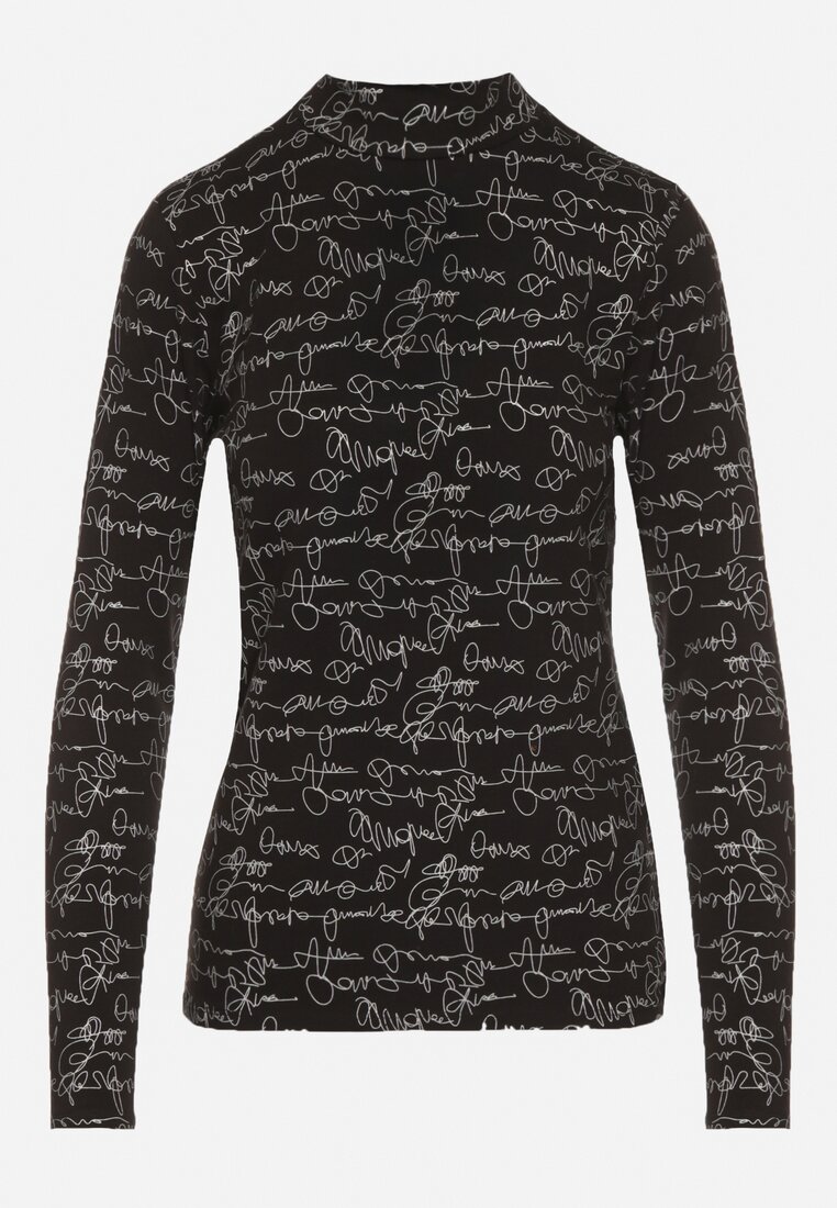 Czarna Bluzka z Bawełny w Stylu Longsleeve z Półgolfem w Literowy Nadruk Azelenia