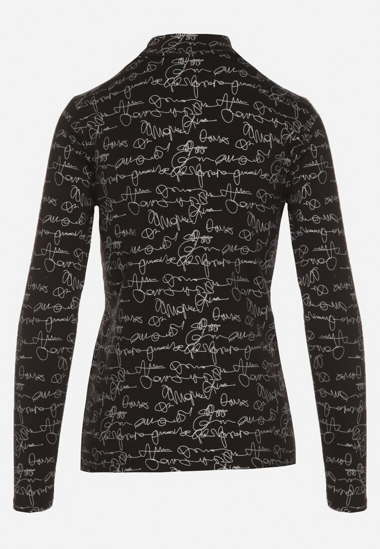 Czarna Bluzka z Bawełny w Stylu Longsleeve z Półgolfem w Literowy Nadruk Azelenia