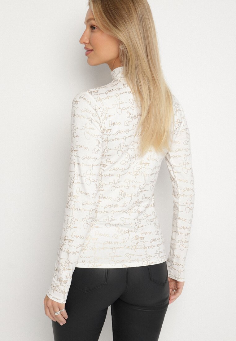 Biała Bluzka z Bawełny w Stylu Longsleeve z Półgolfem w Literowy Nadruk Azelenia