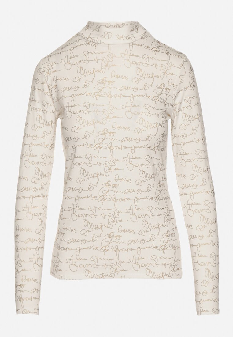 Biała Bluzka z Bawełny w Stylu Longsleeve z Półgolfem w Literowy Nadruk Azelenia