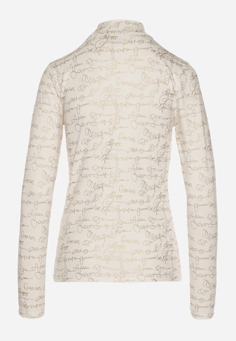 Biała Bluzka z Bawełny w Stylu Longsleeve z Półgolfem w Literowy Nadruk Azelenia