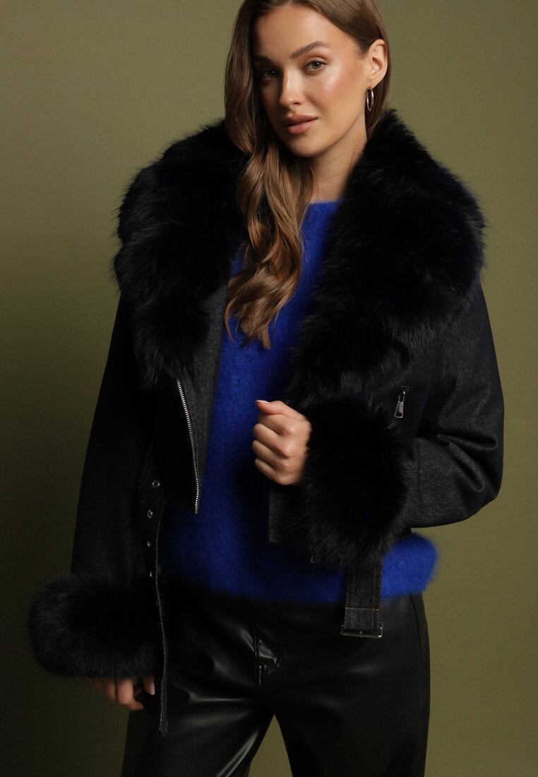 Granatowa Ocieplana Kurtka Ramoneska z Futrem przy Kołnierzu i Rękawach Mevesala