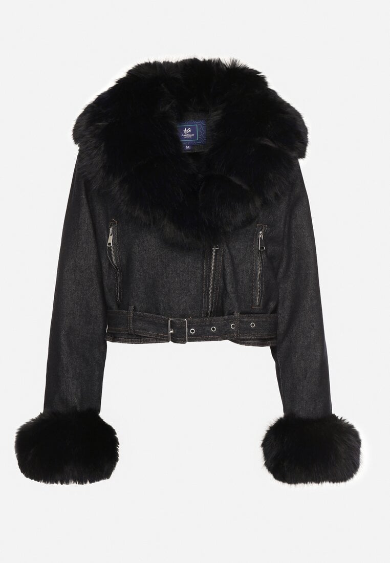 Granatowa Ocieplana Kurtka Ramoneska z Futrem przy Kołnierzu i Rękawach Mevesala