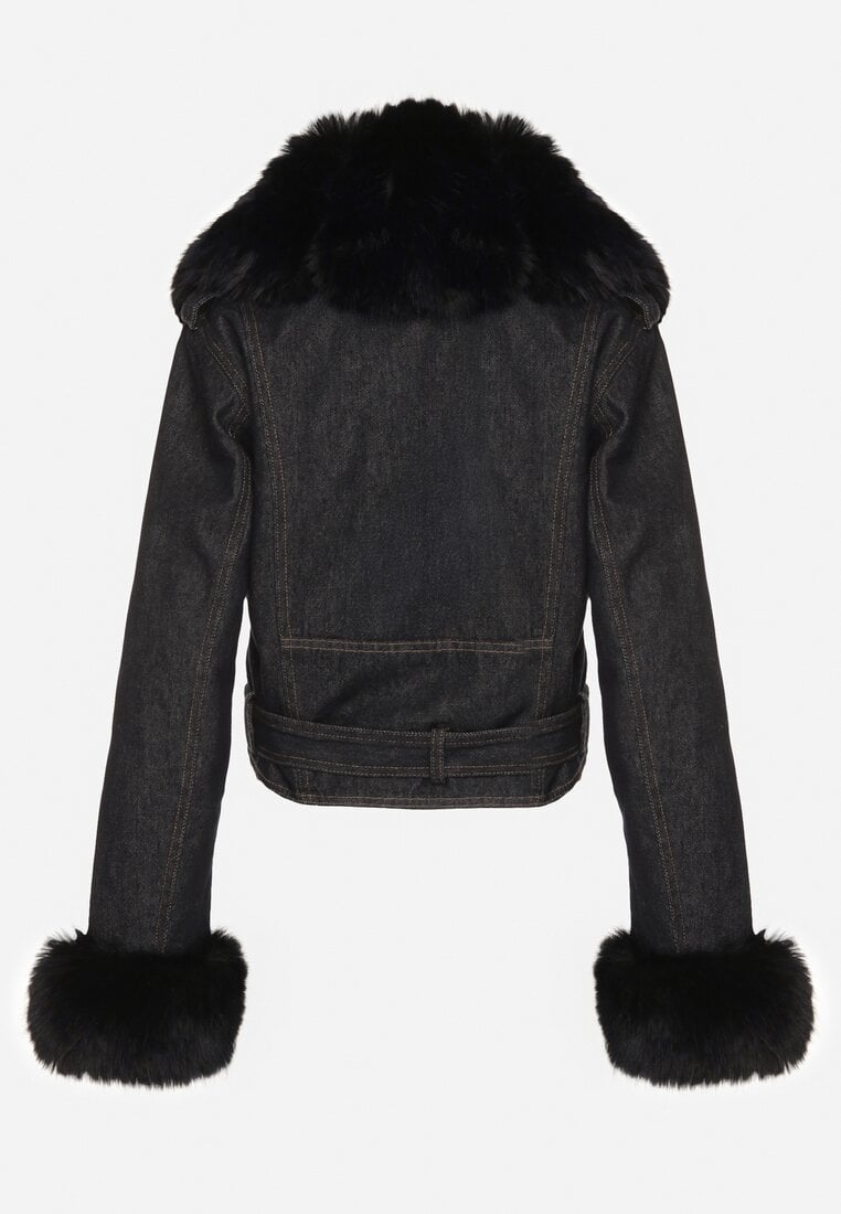 Granatowa Ocieplana Kurtka Ramoneska z Futrem przy Kołnierzu i Rękawach Mevesala