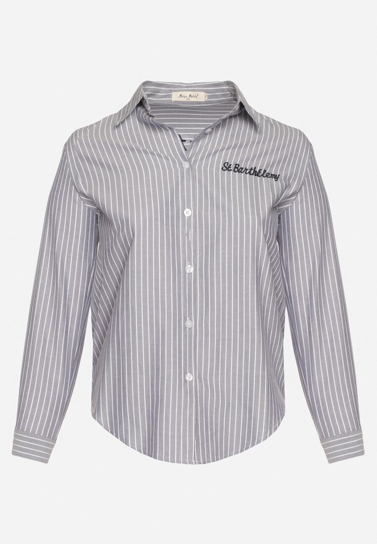 Granatowa Koszula w Paski Zdobiona Haftem Denelle