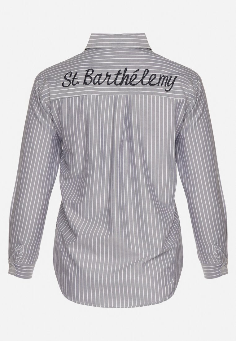 Granatowa Koszula w Paski Zdobiona Haftem Denelle