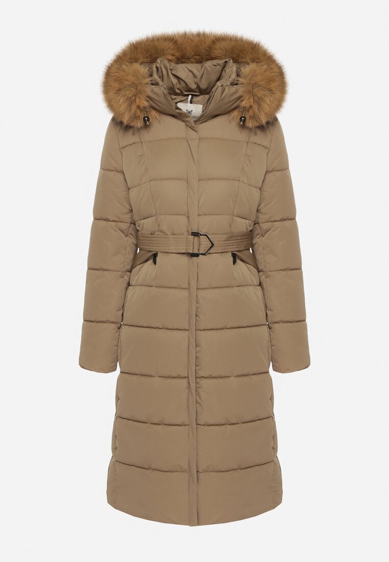 Ciemnobeżowa Długa Kurtka Pikowana z Kapturem z Futerkiem i Paskiem w Talii Avesiia
