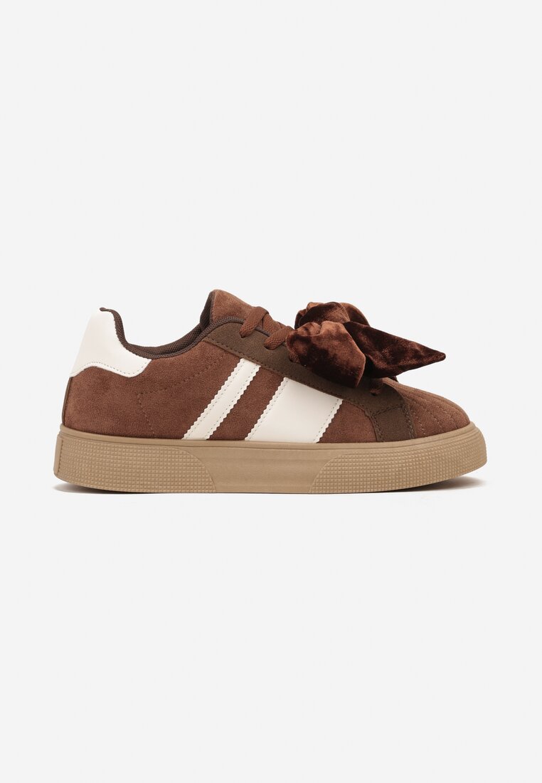 Brązowe Sneakersy Typu Tenisówki z Welurową Kokardą  Anorisse