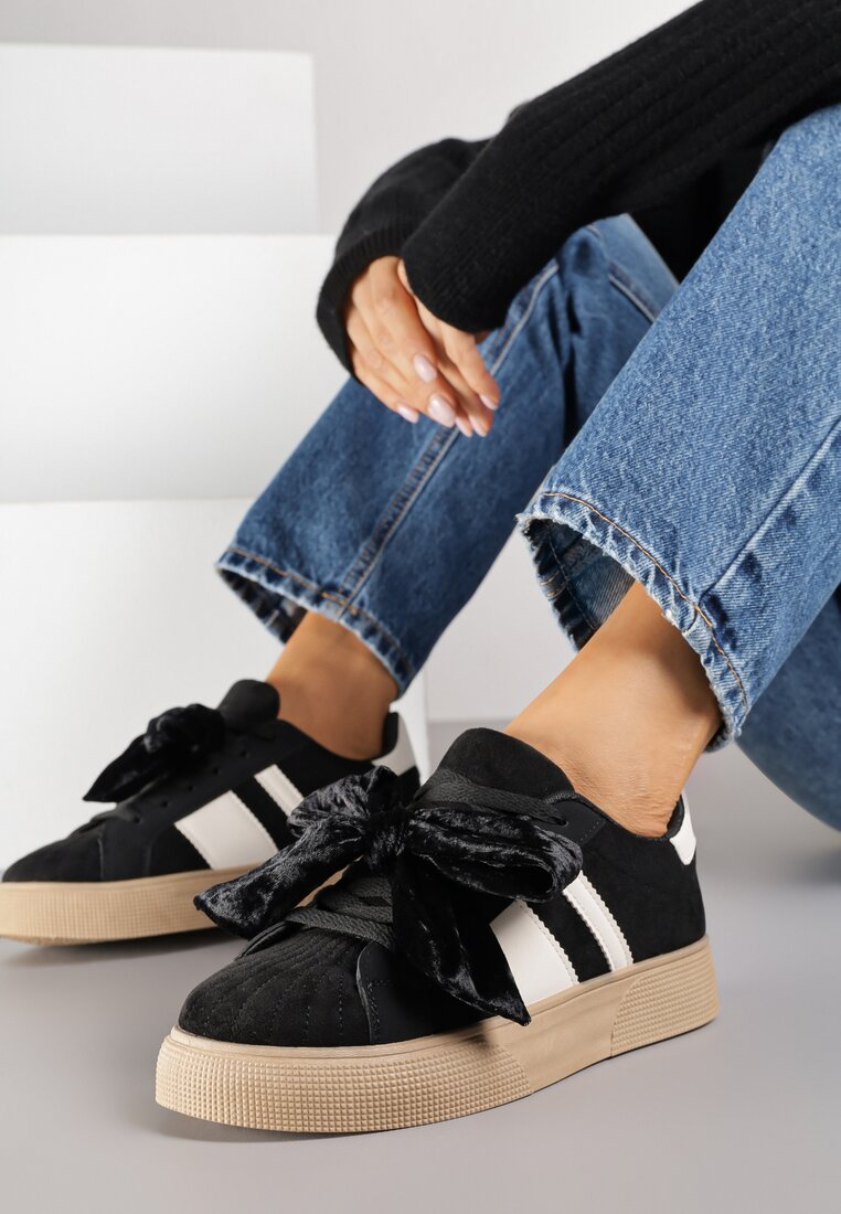 Czarne Sneakersy Typu Tenisówki z Welurową Kokardą  Anorisse