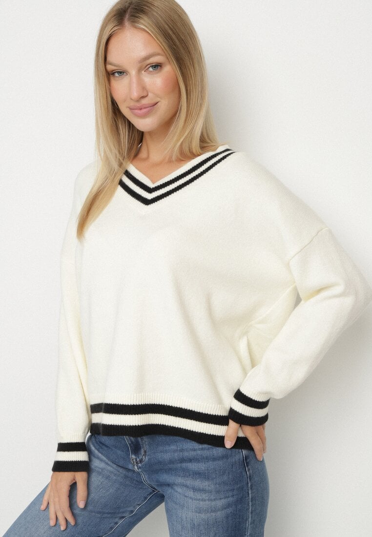 Jasnobeżowy Sweter z Domieszką Kaszmiru w Stylu Preppy Liendria