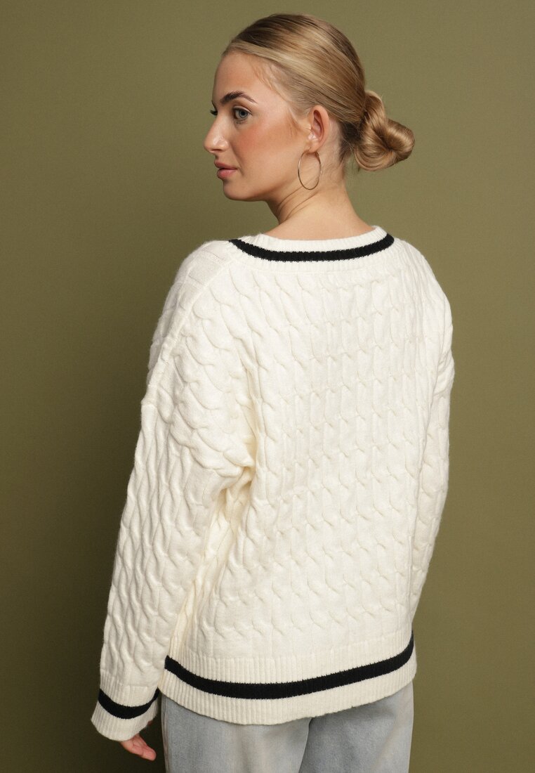 Jasnobeżowy Sweter Preppy z Domieszką Kaszmiru Zdobiony Strukturalnym Splotem Lorentie