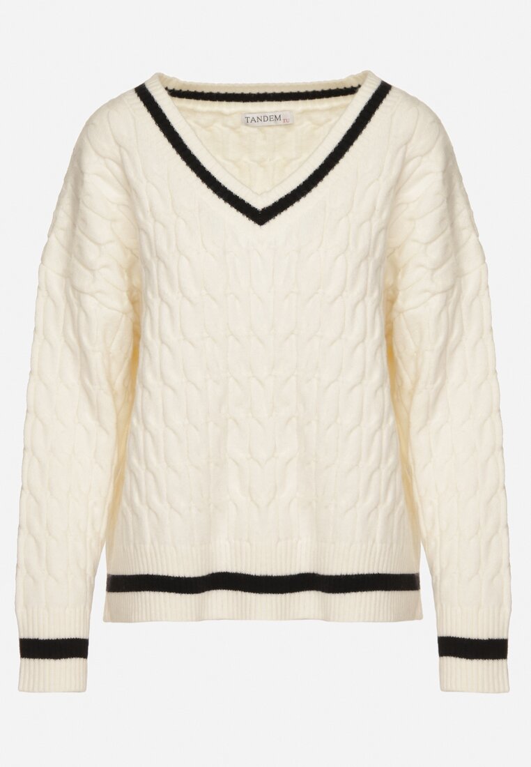 Jasnobeżowy Sweter Preppy z Domieszką Kaszmiru Zdobiony Strukturalnym Splotem Lorentie