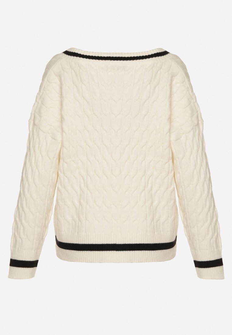 Jasnobeżowy Sweter Preppy z Domieszką Kaszmiru Zdobiony Strukturalnym Splotem Lorentie