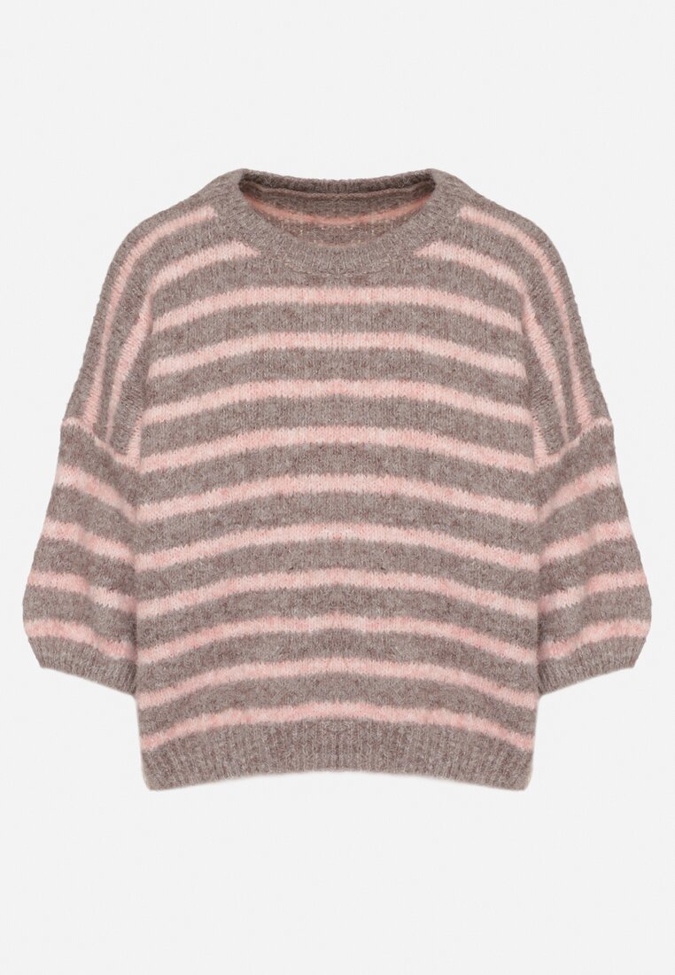 Brązowy Sweter z Wełną i Bufiastymi Rękawami w Paski Kaonne