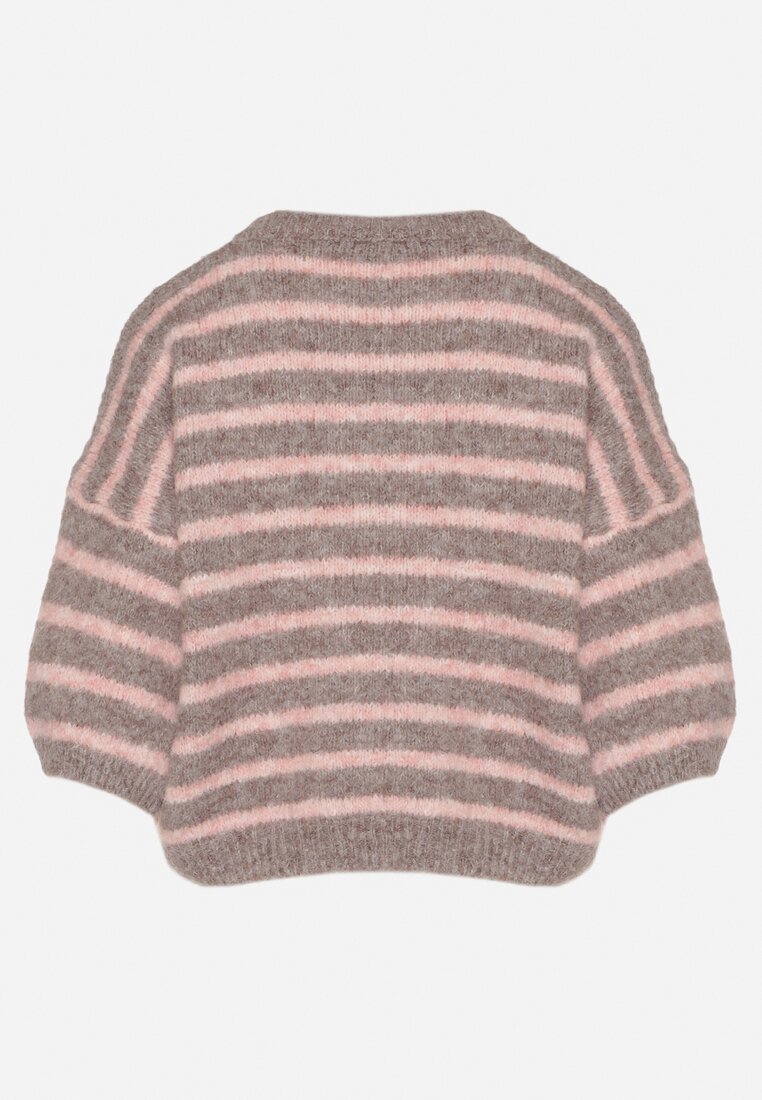 Brązowy Sweter z Wełną i Bufiastymi Rękawami w Paski Kaonne