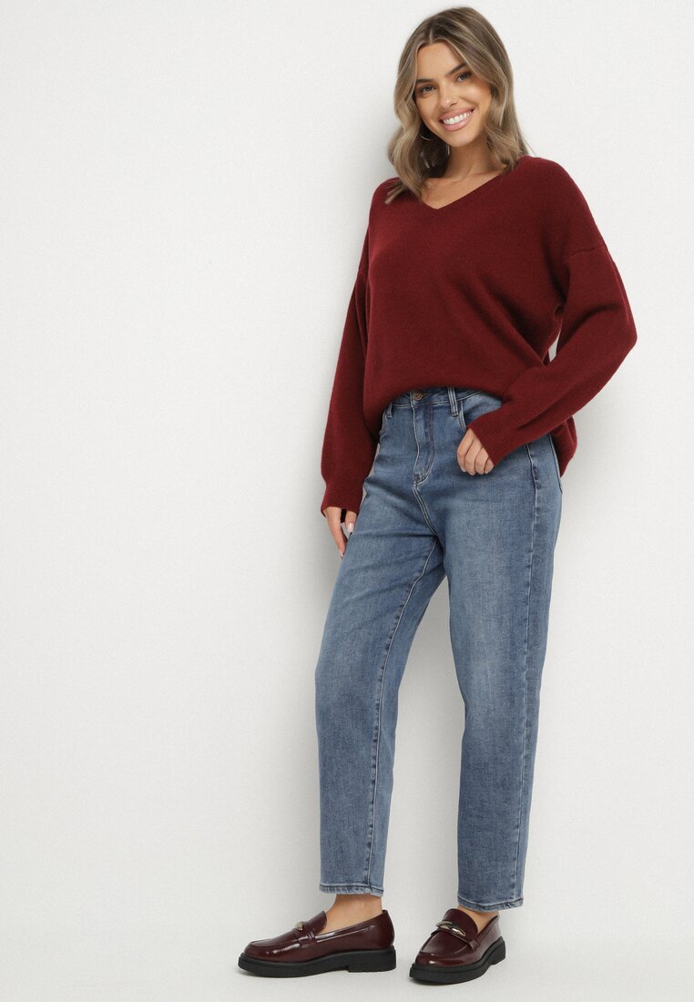 Niebieskie Klasyczne Jeansy o Kroju Mom Fit z Wysokim Stanem Nellessa