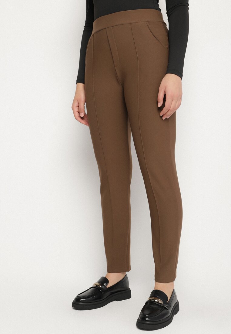 Brązowe Spodnie Ozdobione Imitacją Kieszeni Faliona