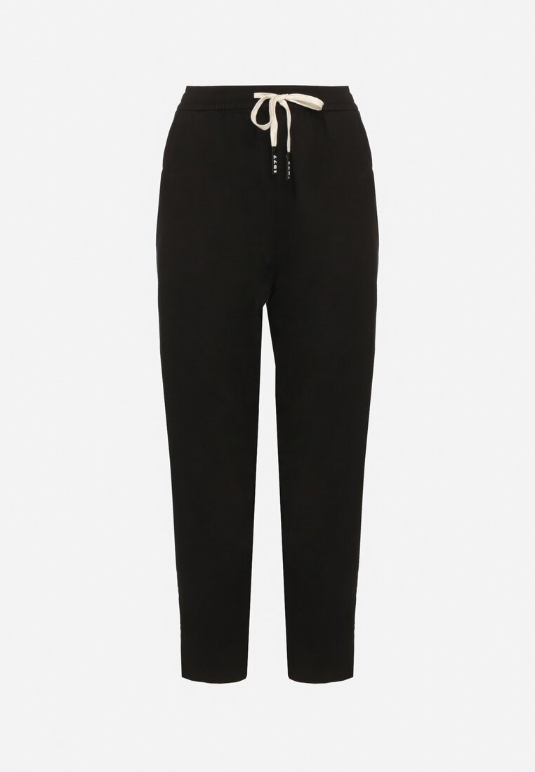 Czarne Spodnie Bawełniane w Stylu Mom Fit ze Sznurkiem  Adenelle