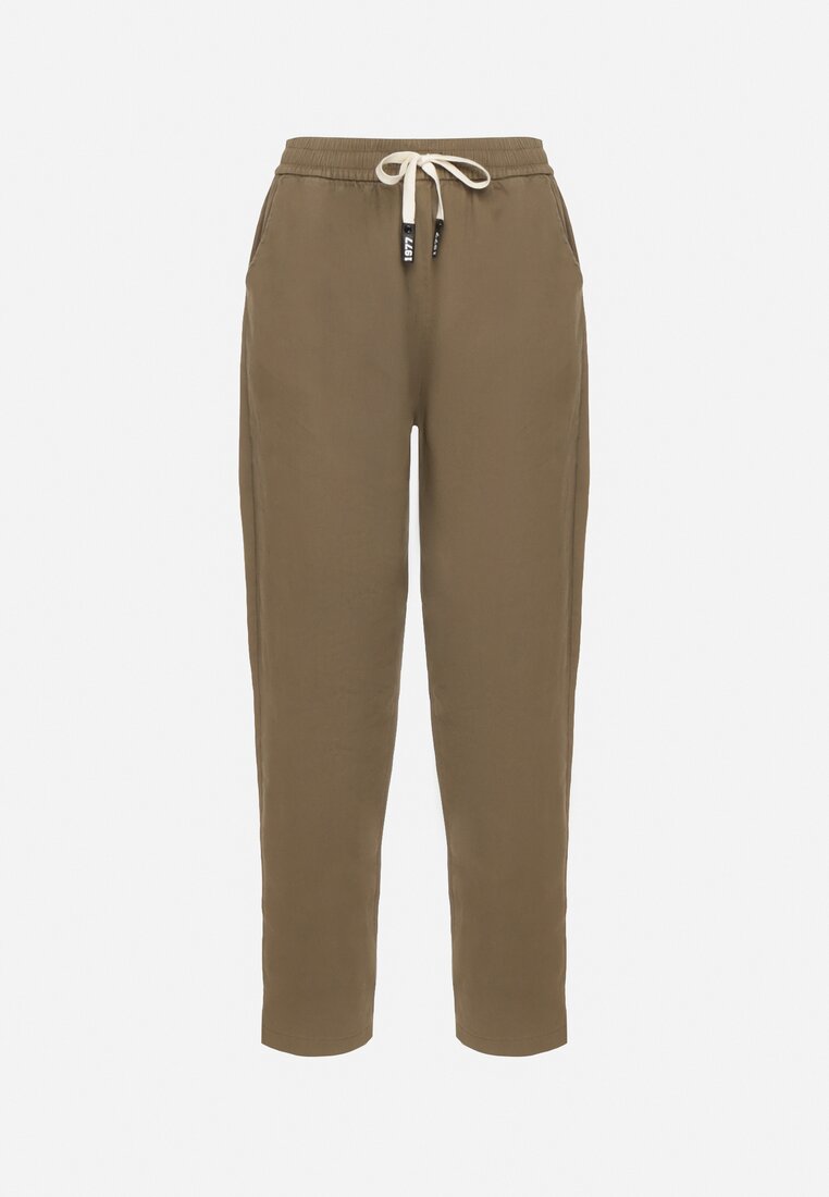 Ciemnobeżowe Spodnie Bawełniane w Stylu Mom Fit ze Sznurkiem  Adenelle