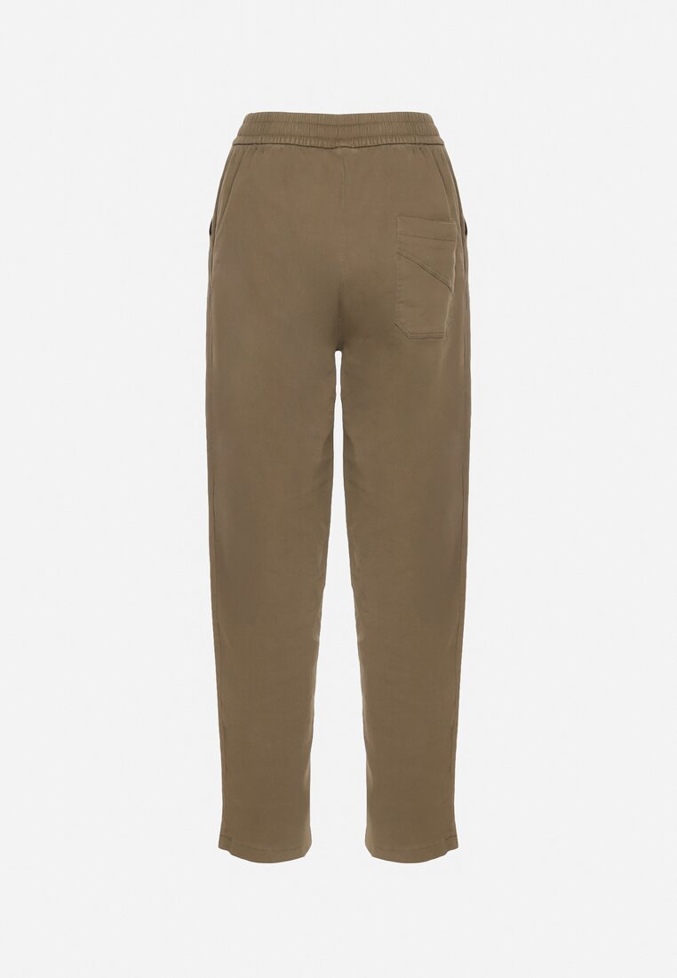 Ciemnobeżowe Spodnie Bawełniane w Stylu Mom Fit ze Sznurkiem  Adenelle